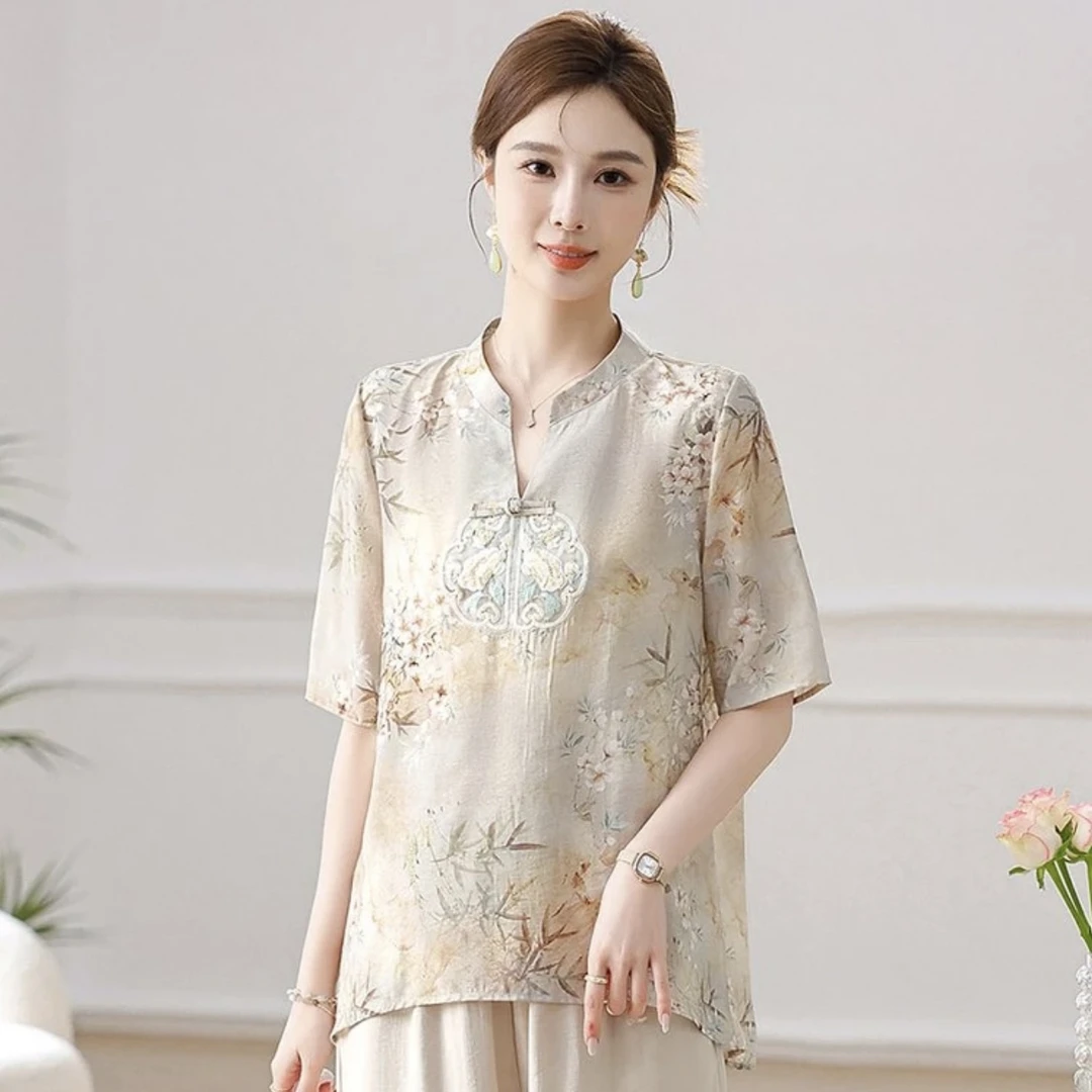 中老年妈妈准新中式国风显瘦时尚洋气V领刺绣盘扣T恤上衣221