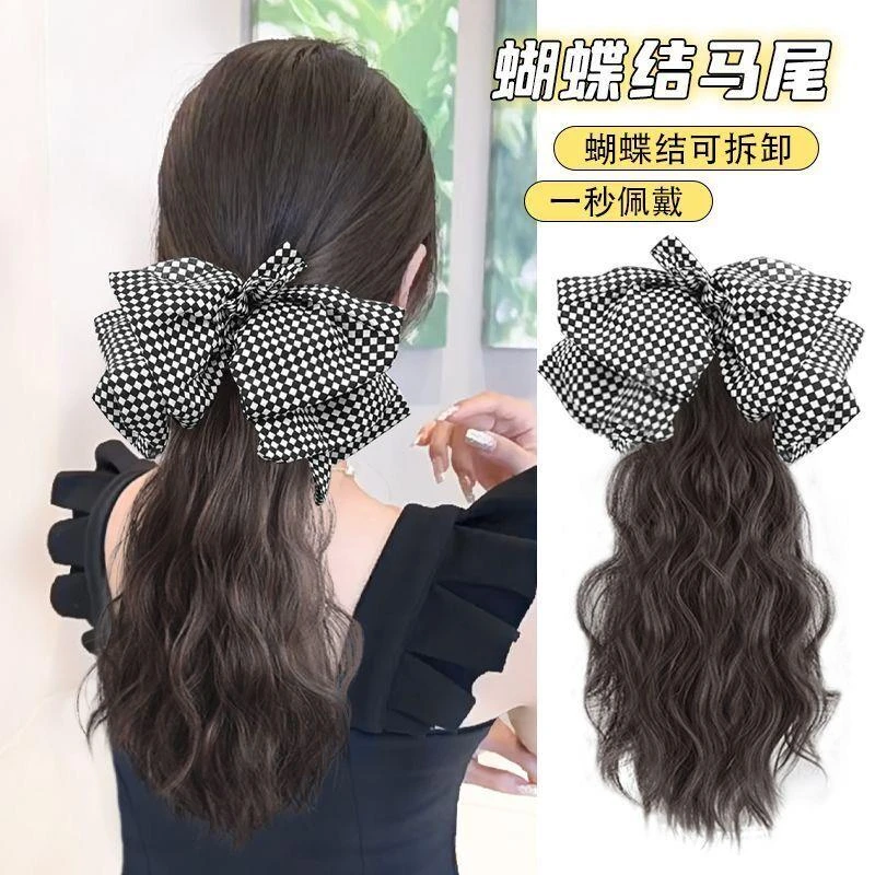 假发马尾蝴蝶结假发抓夹式高马尾女自然蓬松卷发仿真马尾假发辫子
