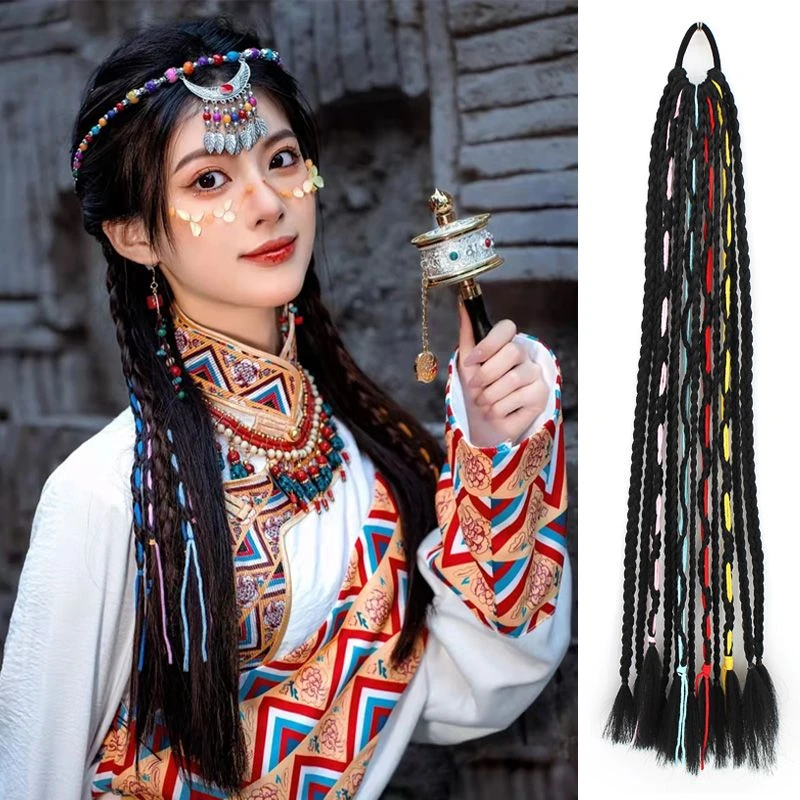 西藏族头饰藏族藏辫脏辫彩色彩绳辫子短款新中式麻花辫半扎小辫子