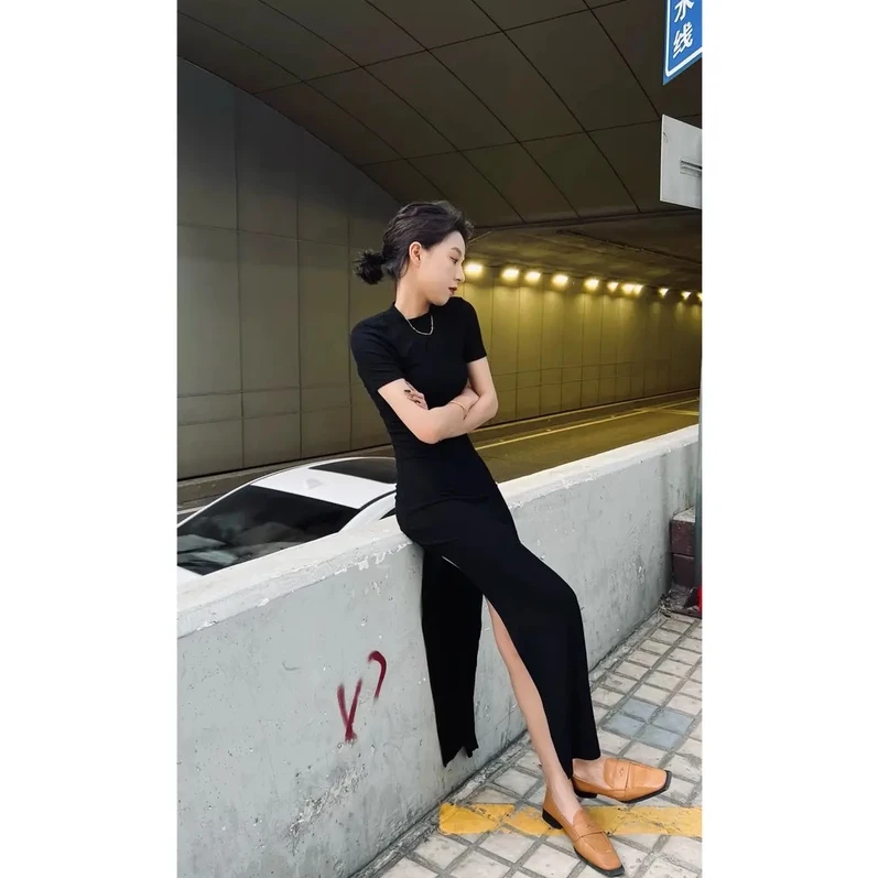 【娇娇私服定制】新款简约开叉弹力修身开叉连衣裙（裙长120）888#