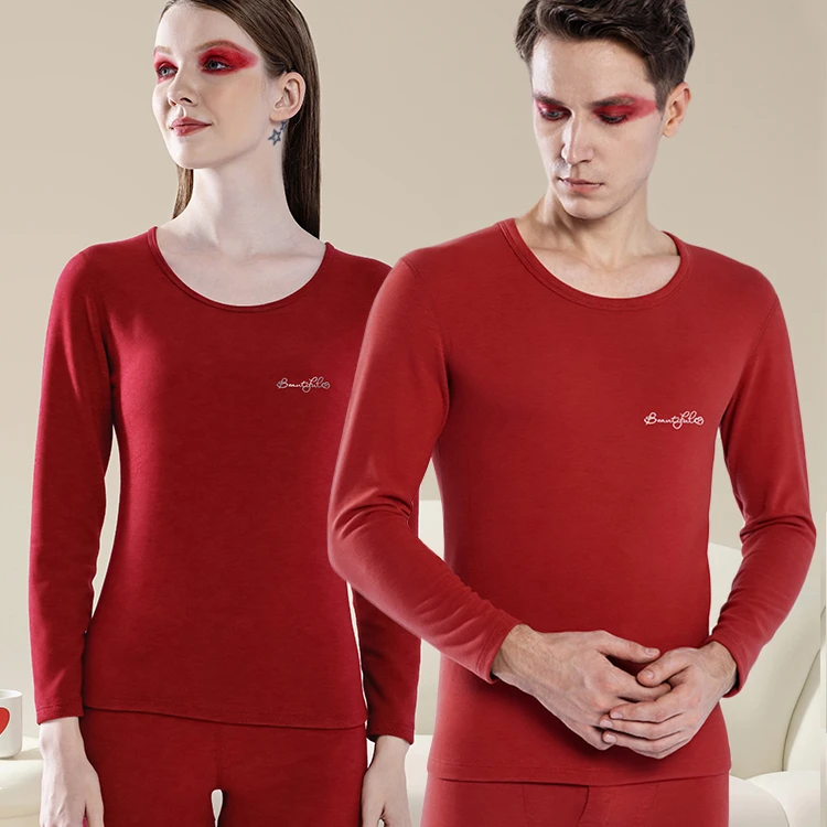 山羊绒蚕丝情侣保暖内衣套大红结婚新婚长袖本命年喜庆过年德绒套