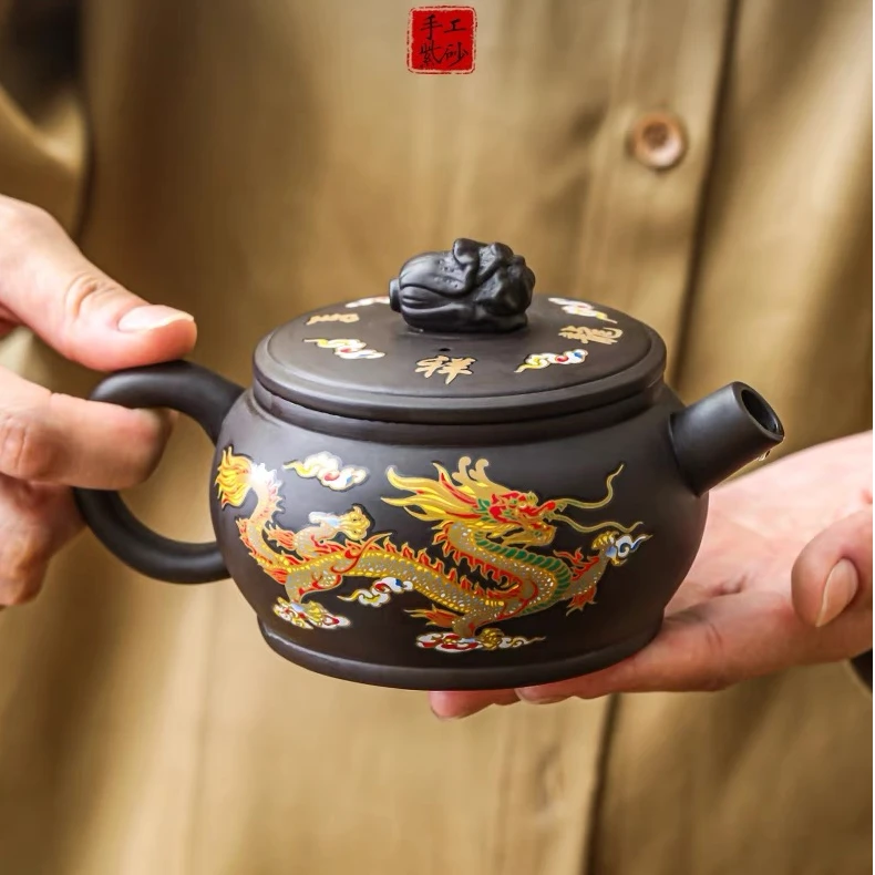 【原矿紫泥变色汉瓦壶百财龙凤】紫砂壶高端精美手工茶壶一壶配6杯