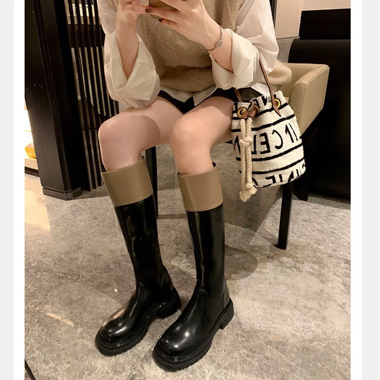新款加绒不过膝长筒靴女黑白拼色骑士靴厚底粗跟长靴后拉链高筒靴