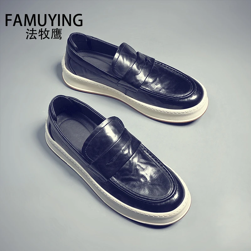法牧鹰品牌时尚乐福鞋男厚底复古风真皮皮鞋百搭潮流轻便高档男鞋