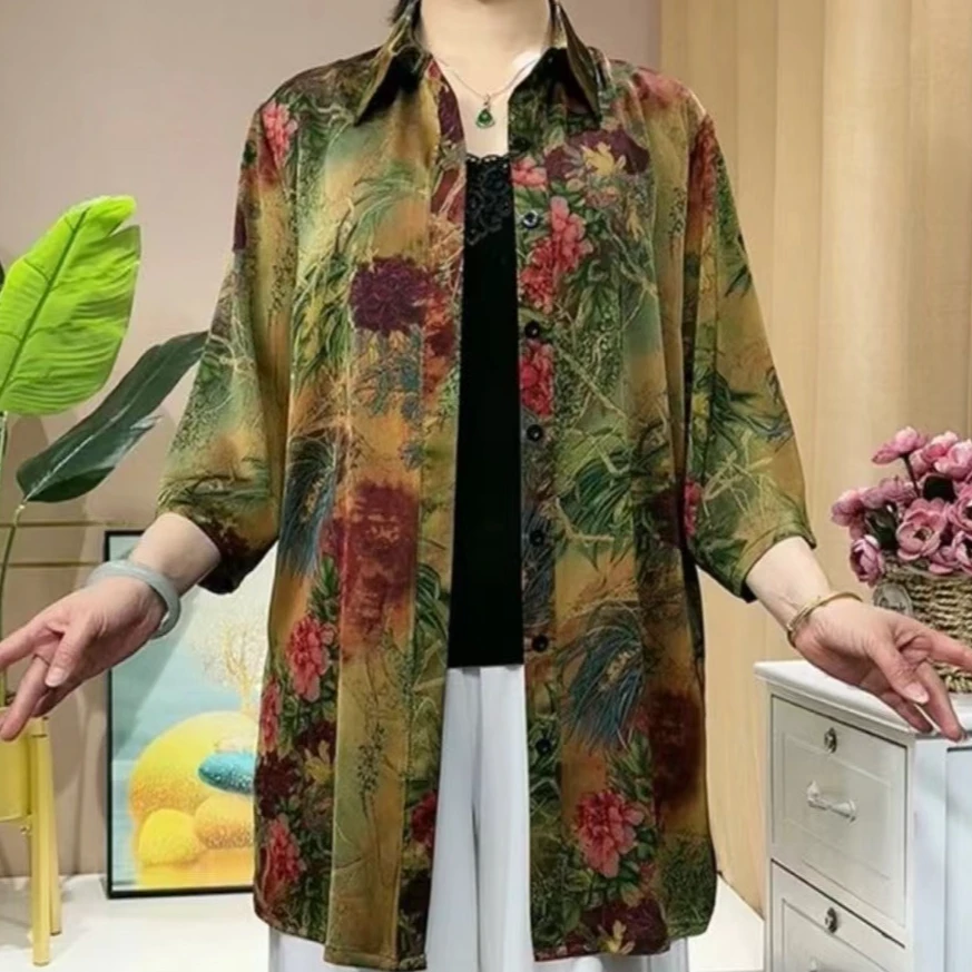 夏款中长款衬衫2024新款洋气印花大码宽松女装百搭减龄中年妈妈装
