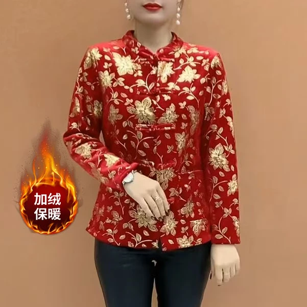 国风烫金花色冬季加绒外套2025新款宽松显瘦百搭减龄中老年保暖衣