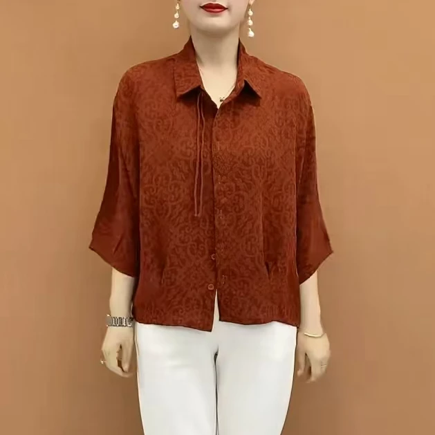 夏款洋气提花复古风蝙蝠衫2024新款宽松休闲百搭减龄气质大码衬衫