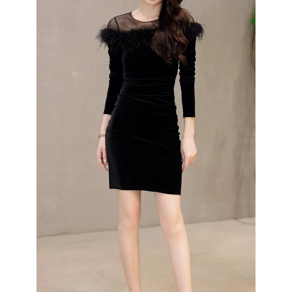 高端轻奢小众高级感黑色金丝绒连衣裙女新款秋冬季-