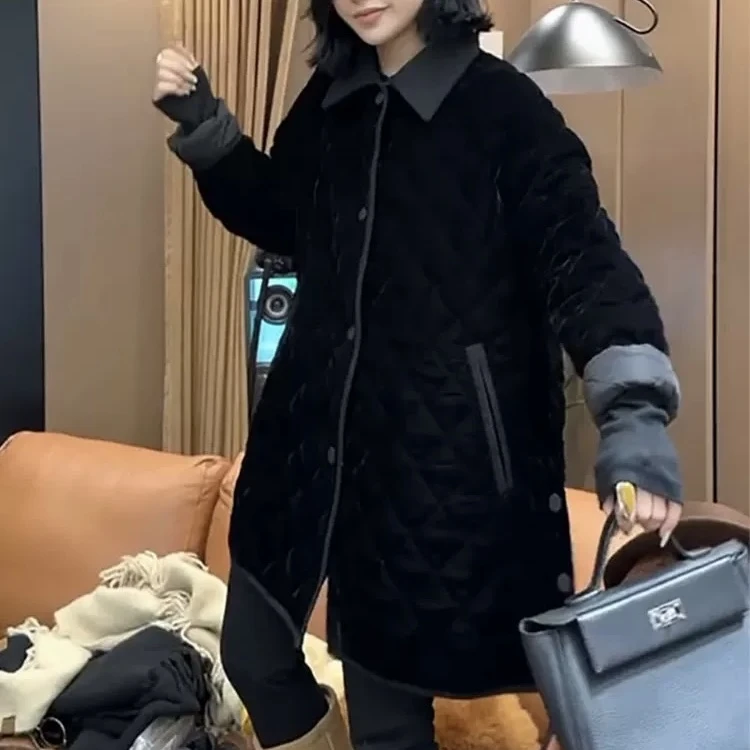 韩版宽松POLO领黑色外套女欧洲站2024冬季新款通勤中长款上衣潮