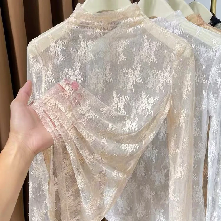 【青青】高档蕾丝打底衫女2025洋气镂空长袖网纱性感内搭上衣小衫