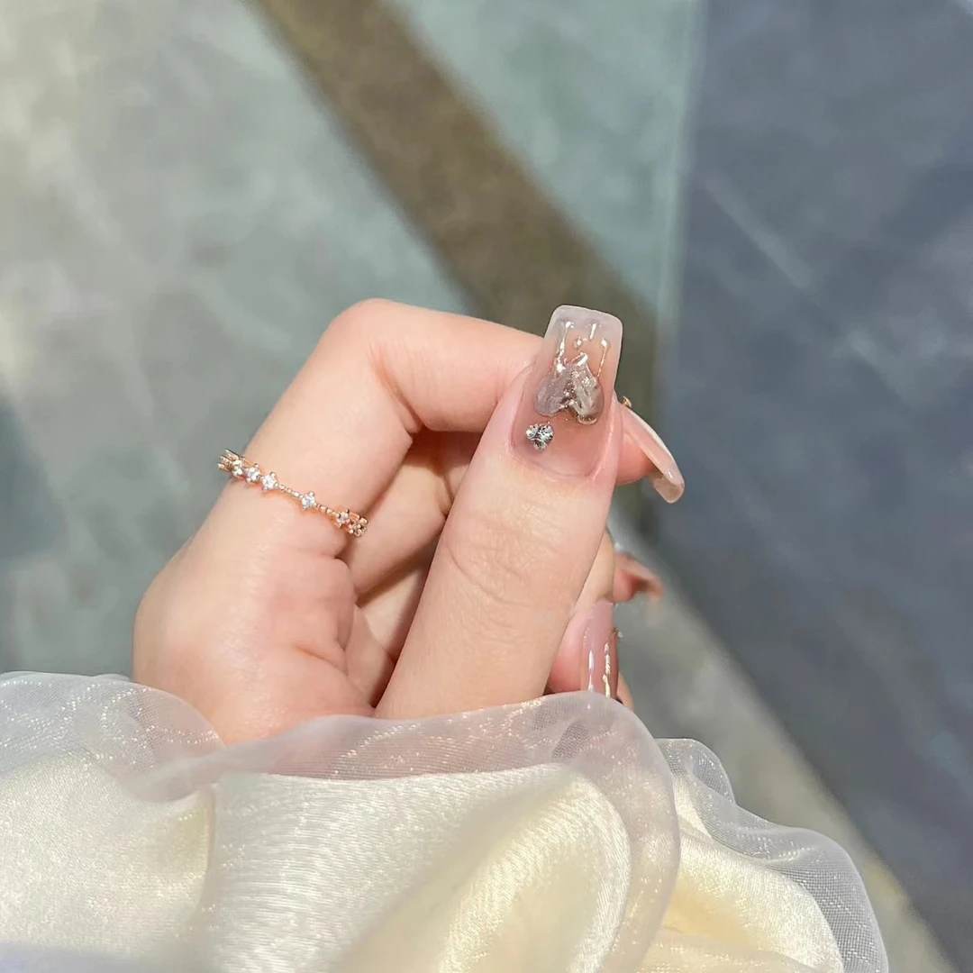 白色新款手工美甲穿戴甲假指甲贴片尖底爱心渐变晕染魔镜闪钻长款