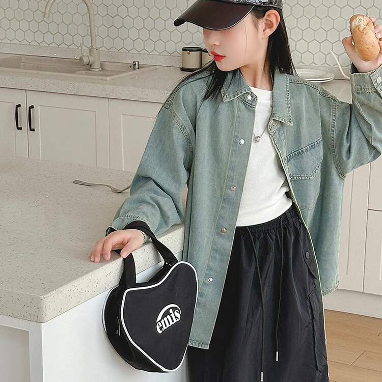 中大童春秋韩版衬衫女童时尚百搭纯色牛仔衬衫外穿