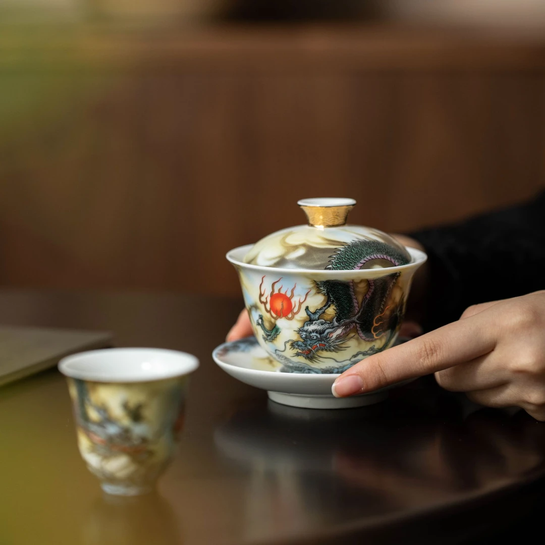 五言六器龙腾盛世纯手工陶瓷三才盖碗单个茶杯泡茶器不烫手冲茶器
