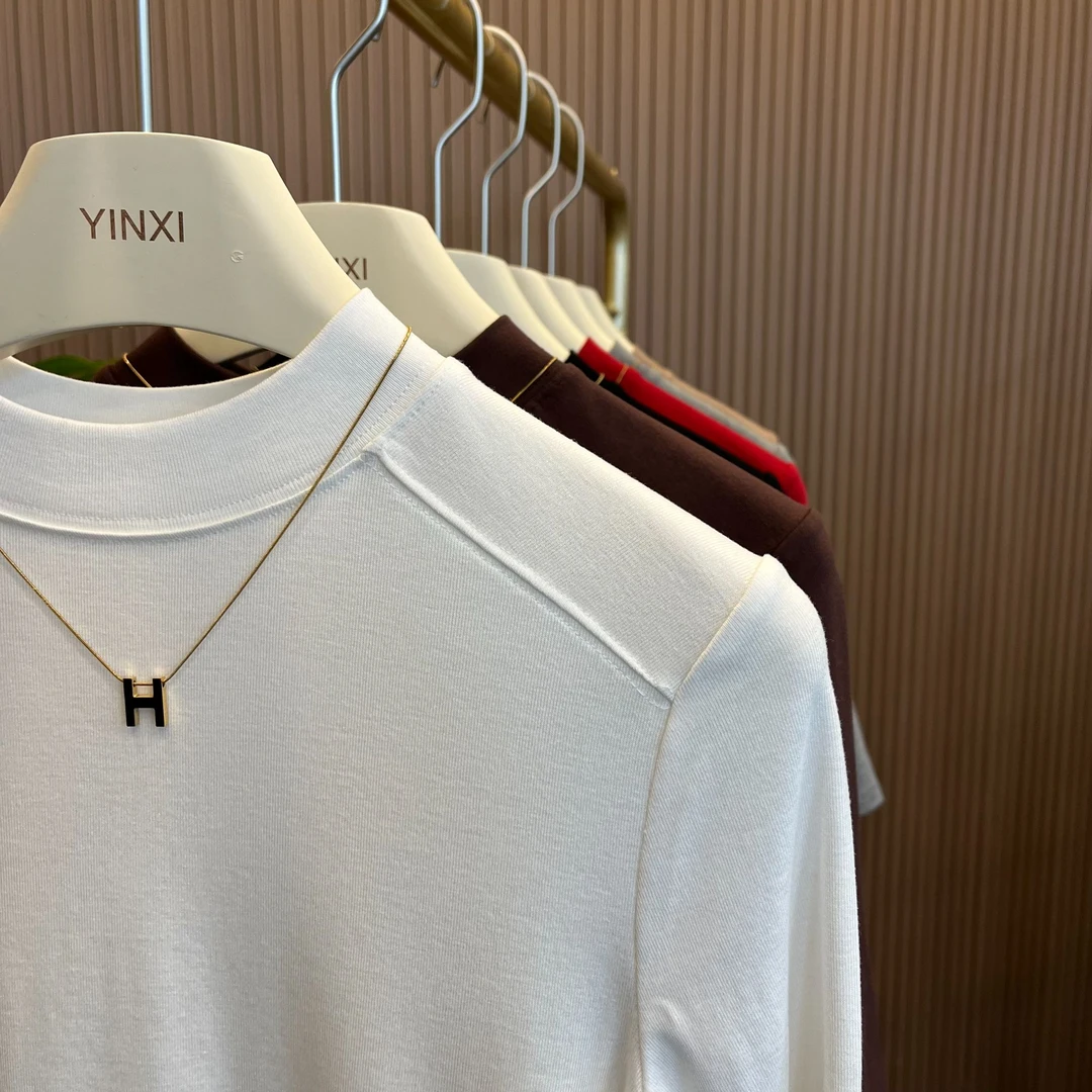 小高领中袖高级高端2024新款中袖t恤女修身百搭时尚针织红色圆领