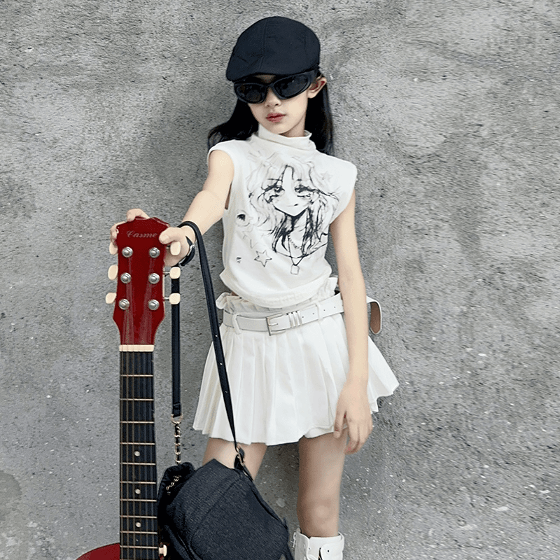 【酷哒仔】女童韩版卡通漫画无袖T恤2024夏季新款女孩时尚高领背心