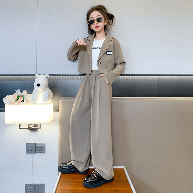 【酷哒仔】女童高级感设计款阔腿裤套装2024春秋新款女孩西装两件套