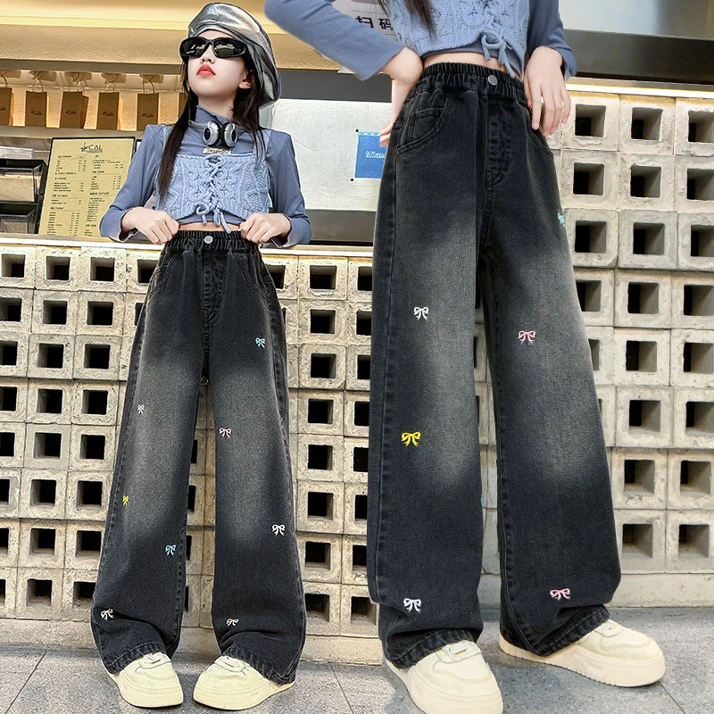 【酷哒仔】女童黑色直筒牛仔裤2024春秋新款韩版女孩时髦休闲阔腿裤