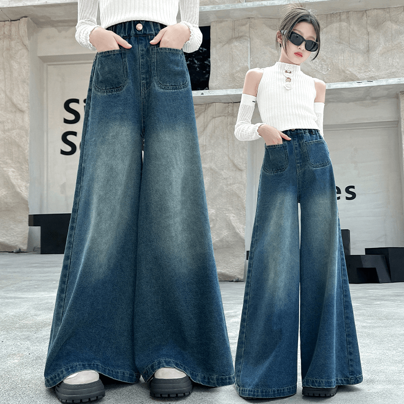 【酷哒仔】女童高腰牛仔裤春秋2024新款女孩韩版宽松垂感阔腿裤裙