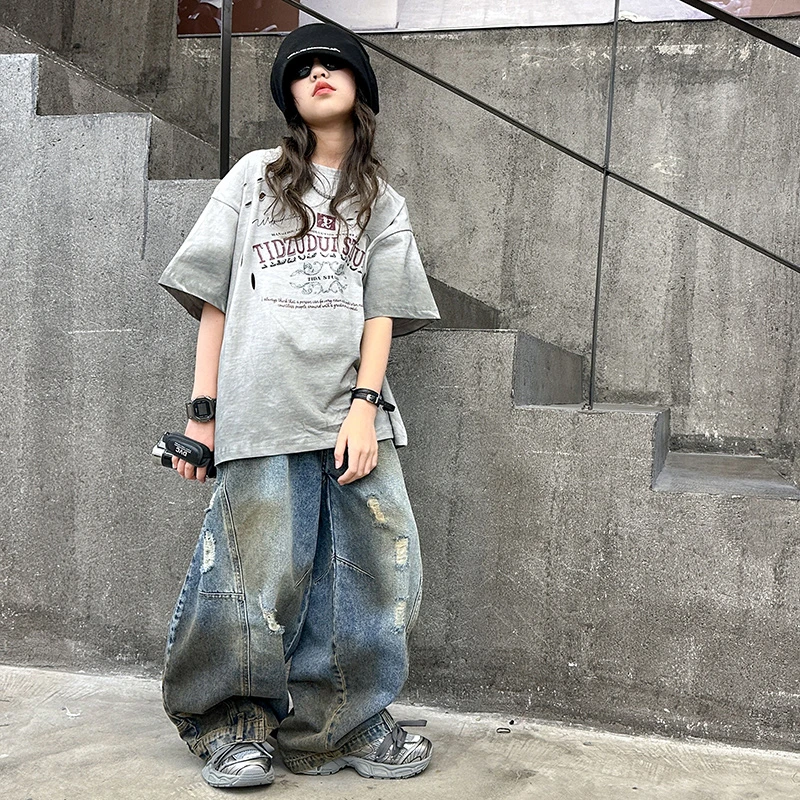 【酷哒仔】女童韩范破洞短袖T恤2025夏季新款儿童时尚潮酷街舞上衣