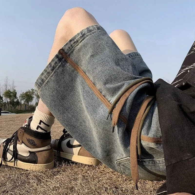 美式复古水洗牛仔短裤男夏季潮牌欧美高街半裤抽绳高级感五分裤子