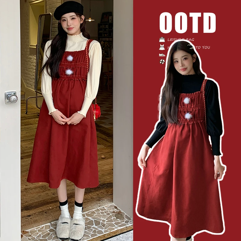 【雅美精选】孕妇女韩版秋冬针织打底+打蝴蝶结背心裙两件套连衣裙