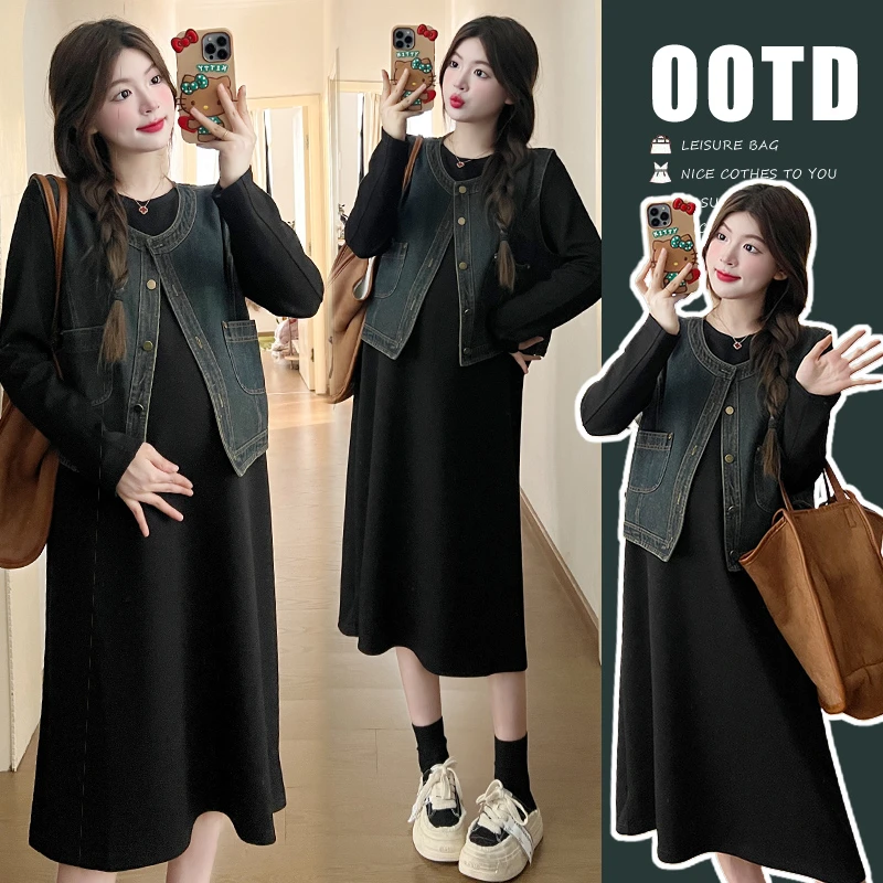 【雅美精选】孕妇新款春秋显瘦气质抗起球连衣裙复古洗水马甲两件套