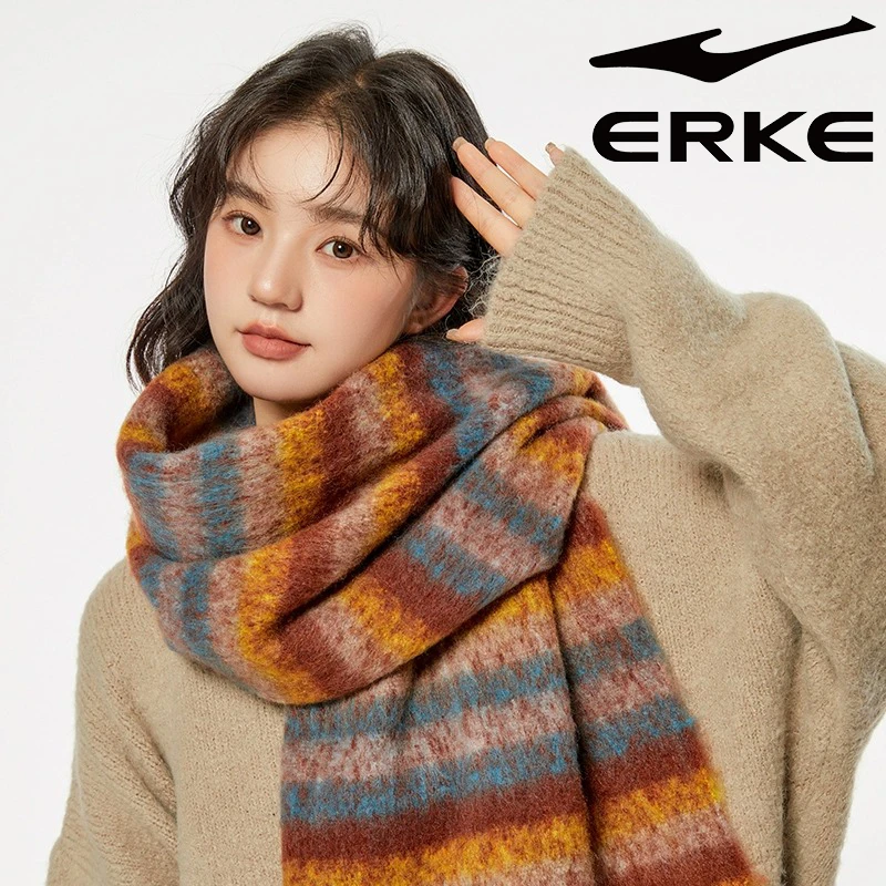 鸿星尔克条纹复古氛围感厚围巾女生冬季韩系保暖围脖防寒披肩百搭