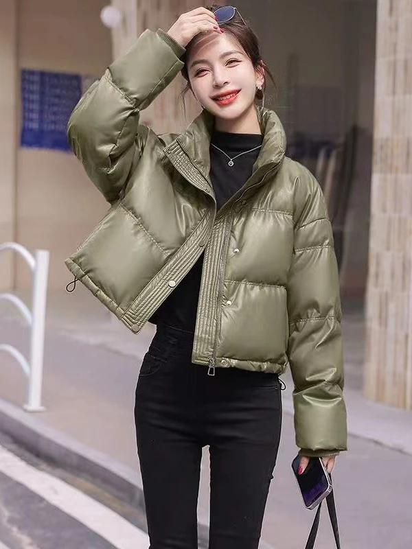 短款羽绒服女新款冬季小个子PU皮免洗肯豆风时尚加厚白鸭绒面包服