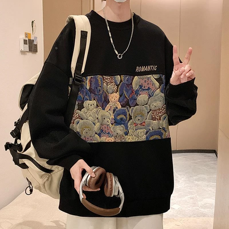 小熊拼接圆领卫衣男春秋季设计感小众oversize重磅潮牌宽松上衣服