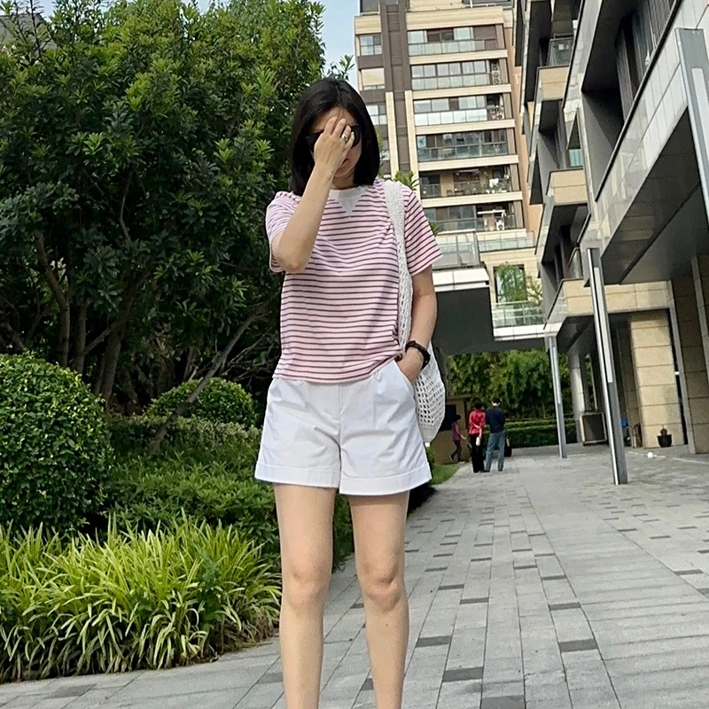 ZZ·DANGDANG 春夏丝绵条纹撞色修身短袖T恤经典极简风女10323073