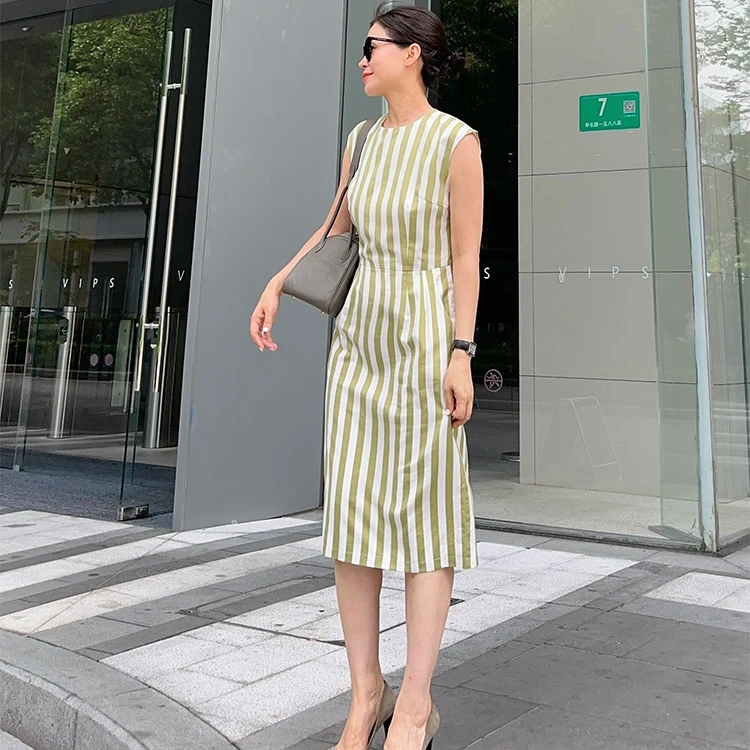 ZZ·DANGDANG【度假风尚】春夏丝绵绿条纹开衩连衣裙