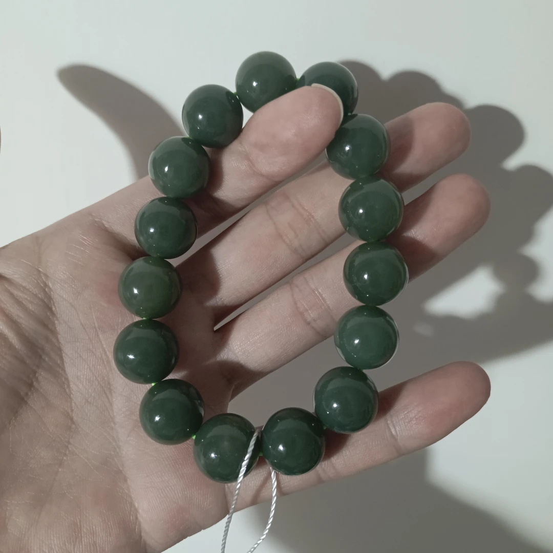 和田玉青蓝色调圆珠手串珠径14~15mm玉质熟糯油润