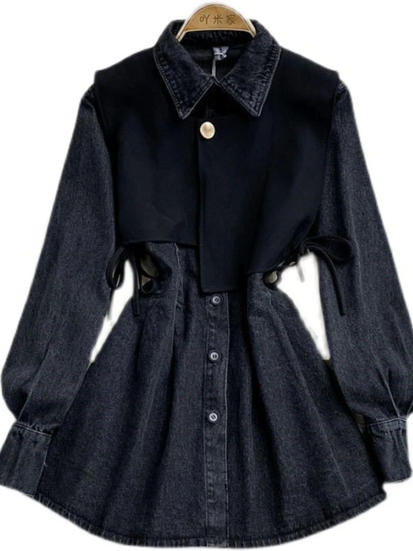 5081 秋季甜酷风气质马甲+Polo领牛仔连衣裙两件套