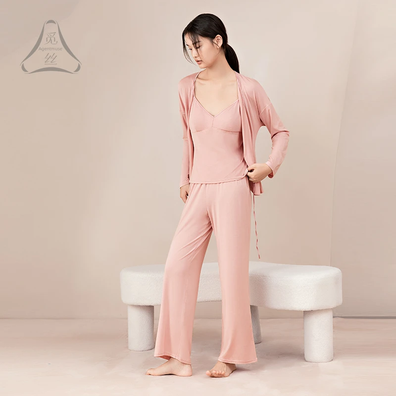 觅丝【裸感】天丝莫代尔睡衣女新款性感三件套女带胸垫家居服346T