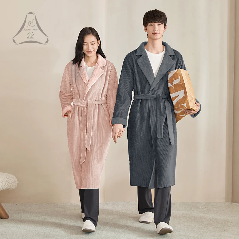 觅丝【柔软】睡袍女冬新款情侣睡衣长袖加绒保暖男浴袍902