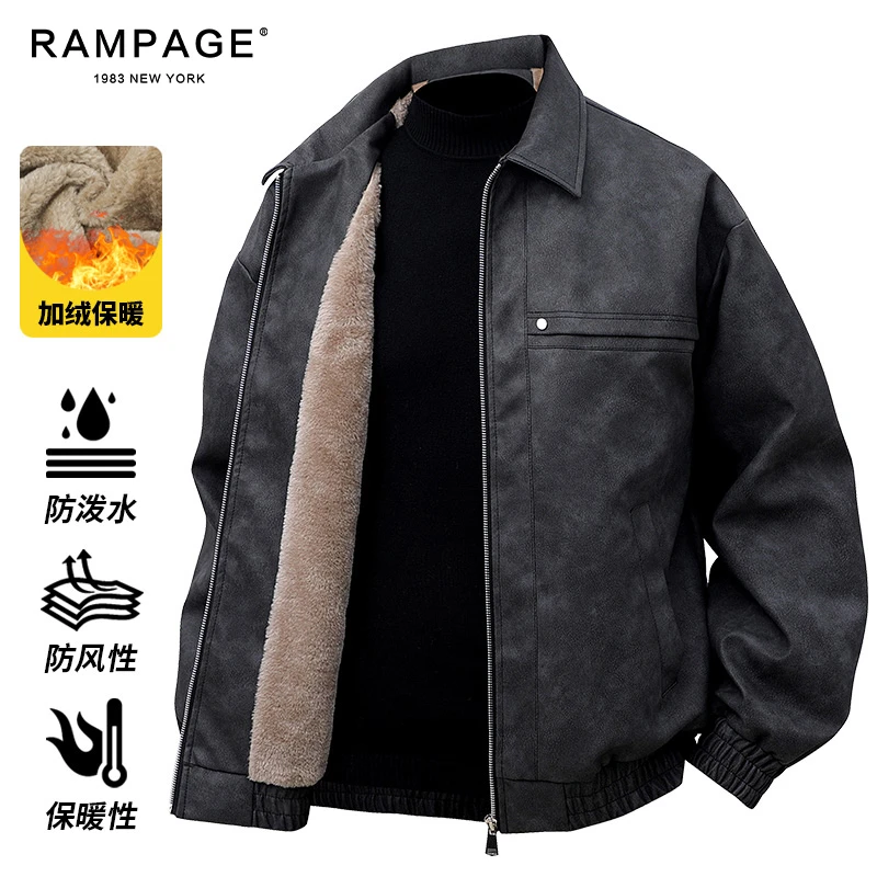 RAMPAGE冬季加绒加厚保暖防风翻领休闲皮夹克时尚男女款2472A
