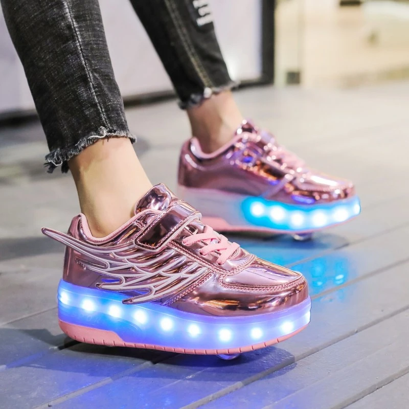 粉色儿童版充电发光轮滑鞋春季运动鞋可拆卸双轮白色童鞋时尚