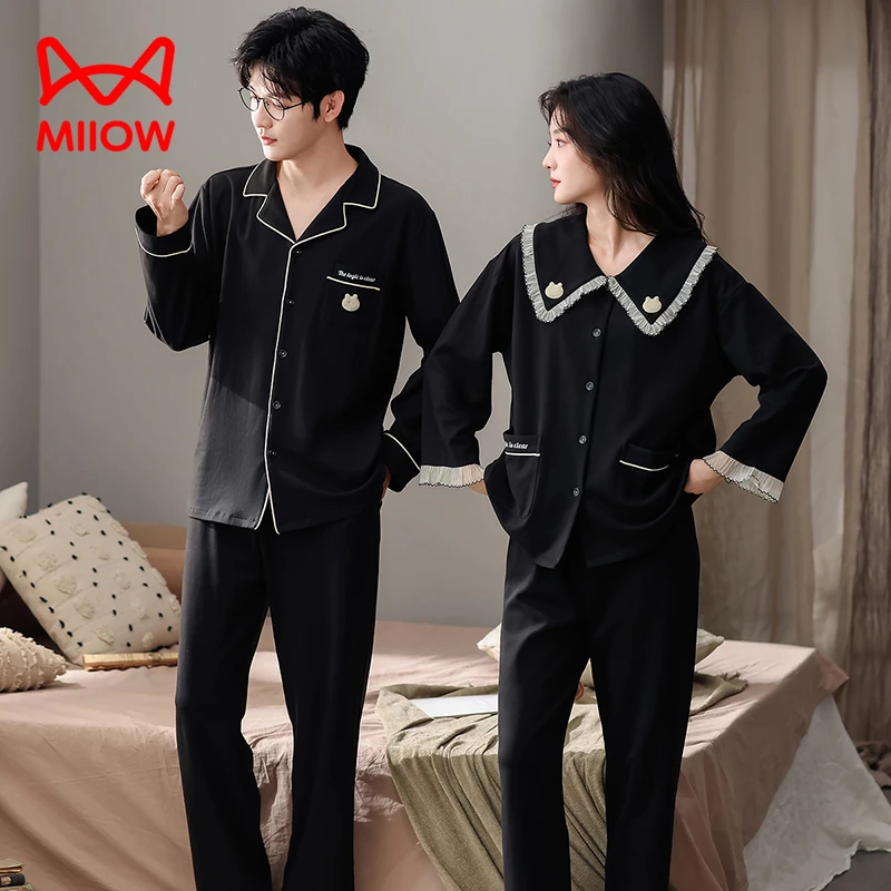 MiiOW/猫人【7A抑菌】秋冬棉睡衣女套装宽松情侣休闲长袖睡衣套装