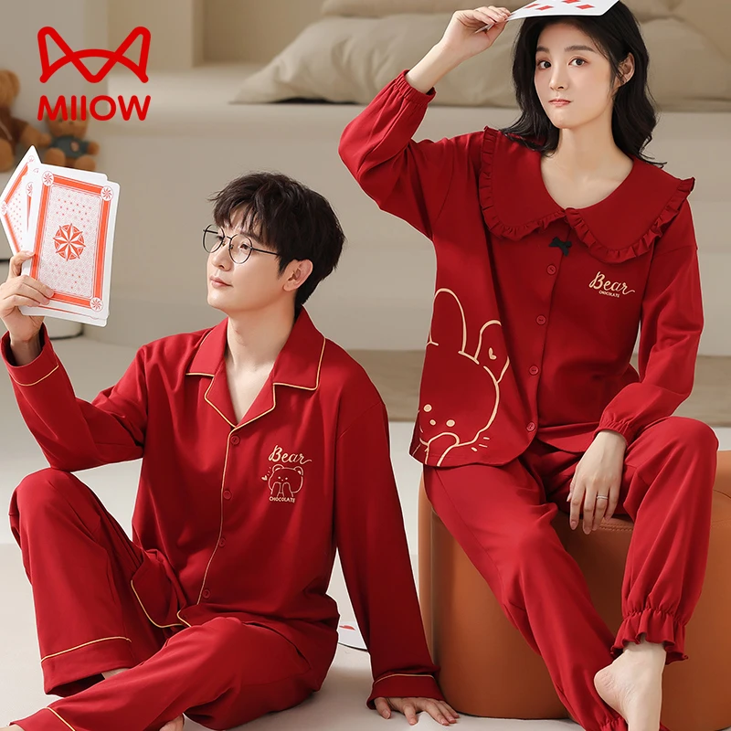 MiiOW/猫人秋冬款棉新婚情侣款红色宽松长袖家居服套装外穿睡衣