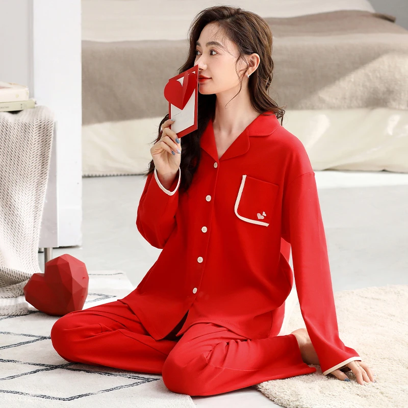 MiiOW/猫人纯棉女款春秋新款秋季休闲绣花家居服睡衣套装z22005