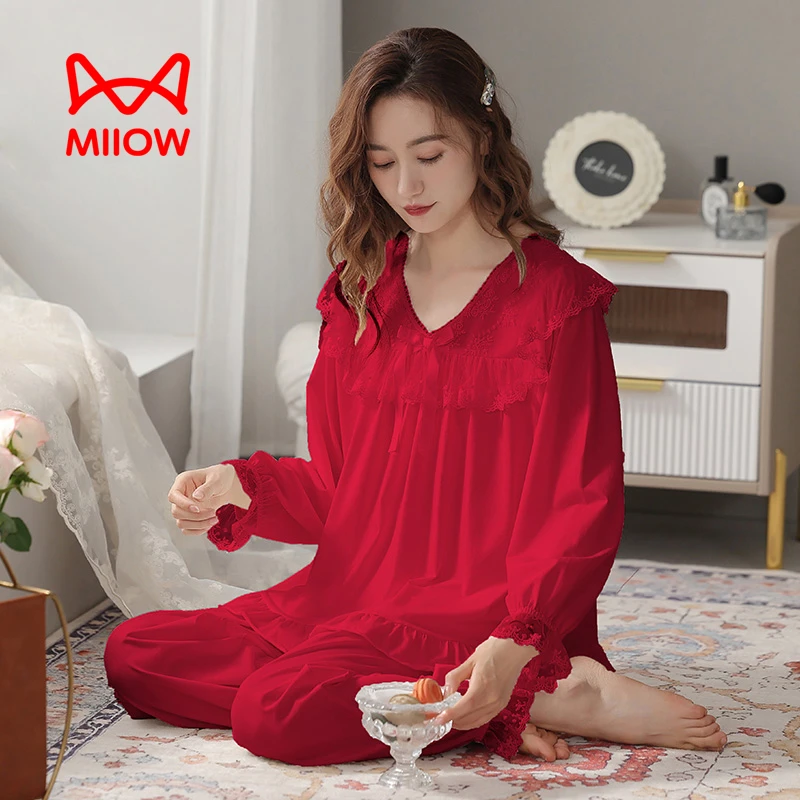 MiiOW/猫人睡衣女款爆款2025新款轻奢宽松显瘦蕾丝睡衣长袖套装