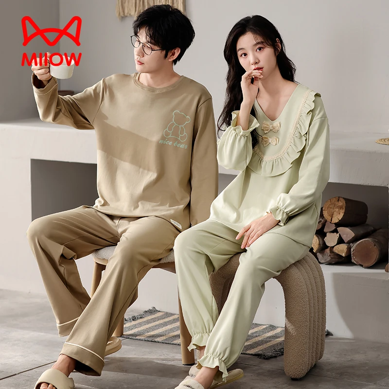 MiiOW/猫人【7A抑菌】秋冬纯棉睡衣女套装宽松情侣休闲长袖睡衣套装