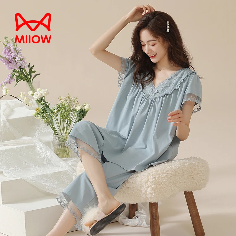 MiiOW/猫人2025春夏装新款公主风蕾丝宽松纯棉睡衣短袖套装1909