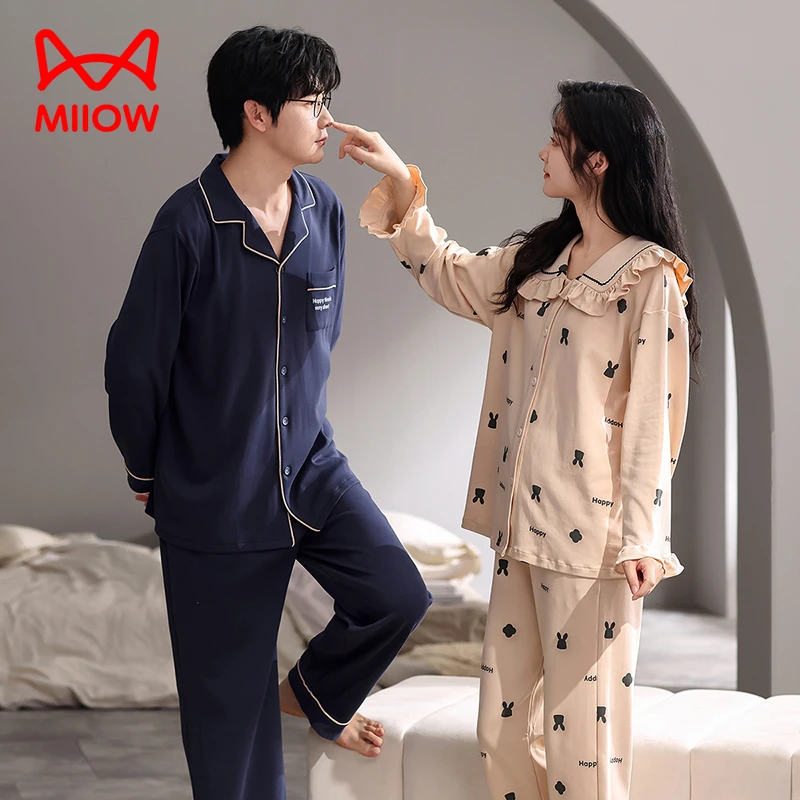 MiiOW/猫人【7A抑菌】秋冬棉大码宽松舒适情侣印花休闲长袖睡衣套装