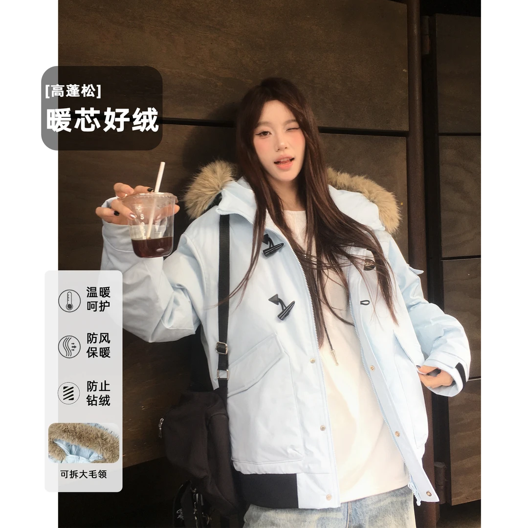 ANDEARDI冬季情侣连帽大毛领户外工装保暖羽绒服