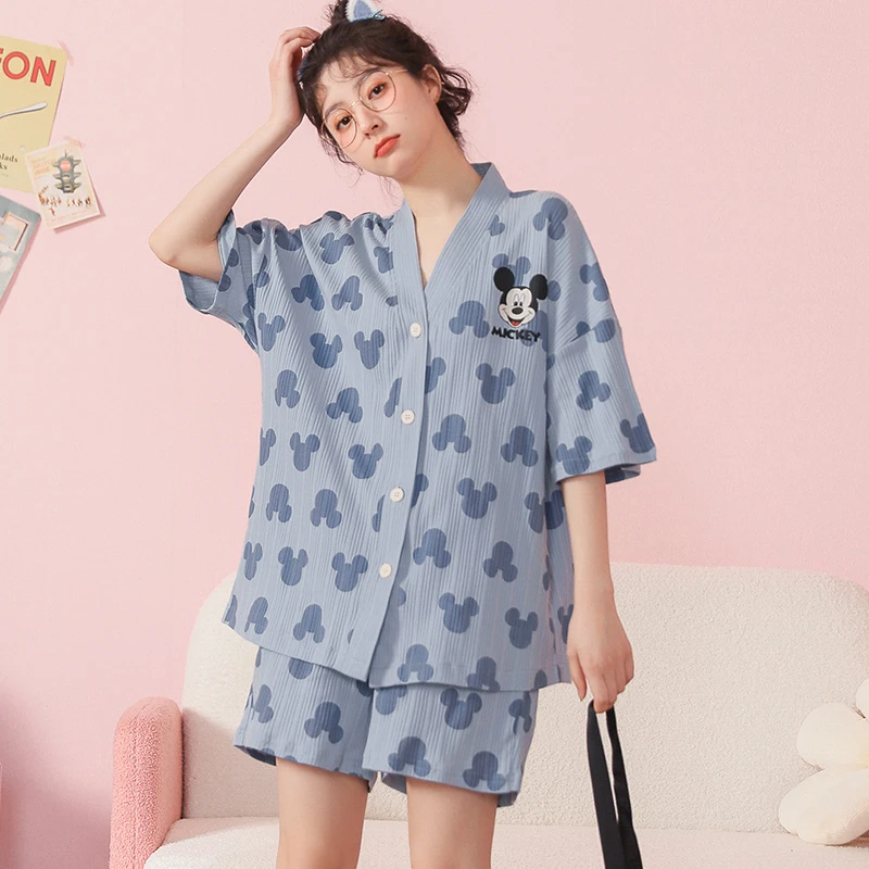 加肥加大码睡衣女短袖短裤两件套新款夏季和服可外穿胖妹妹家居服