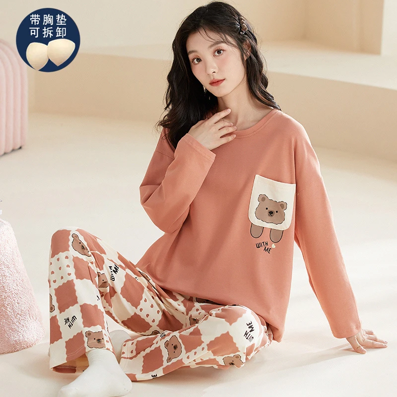 带胸垫舒适家居服女春秋薄款长袖舒适家居服胖mm纯棉可外穿家居服