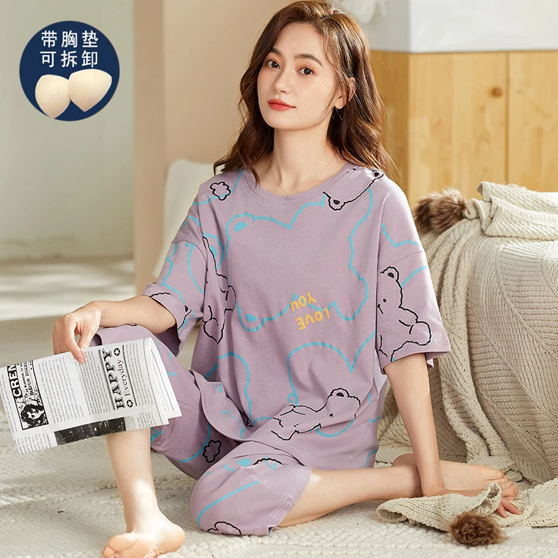 带胸垫睡衣女夏季纯棉短袖七分裤胖mm加大码可外穿家居服两件套装