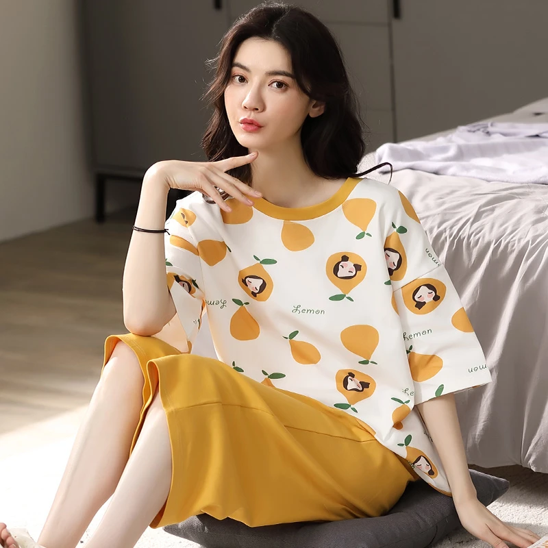 100%纯棉睡衣女夏季短袖套头七分裤简约高颜值全棉女士家居服套装