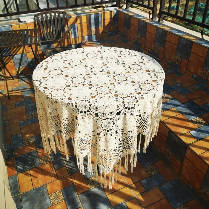 清新水莲手工钩花桌布田园镂空复古蕾丝流苏怀旧茶几装饰正方盖布